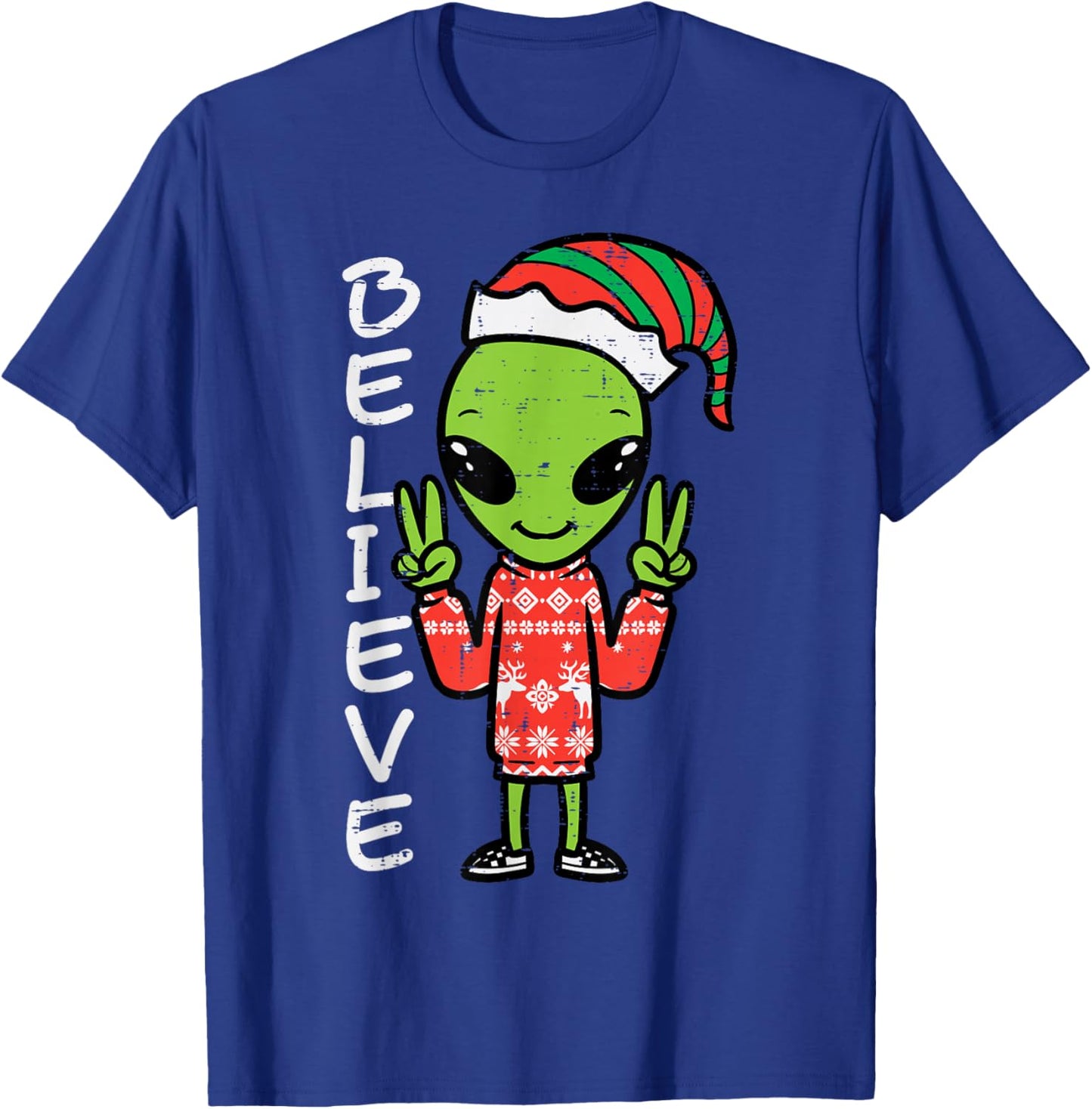 Christmas Alien Elf Believe Funny Xmas Space Men Women Kids T-Shirt - T-Shirt | Royal