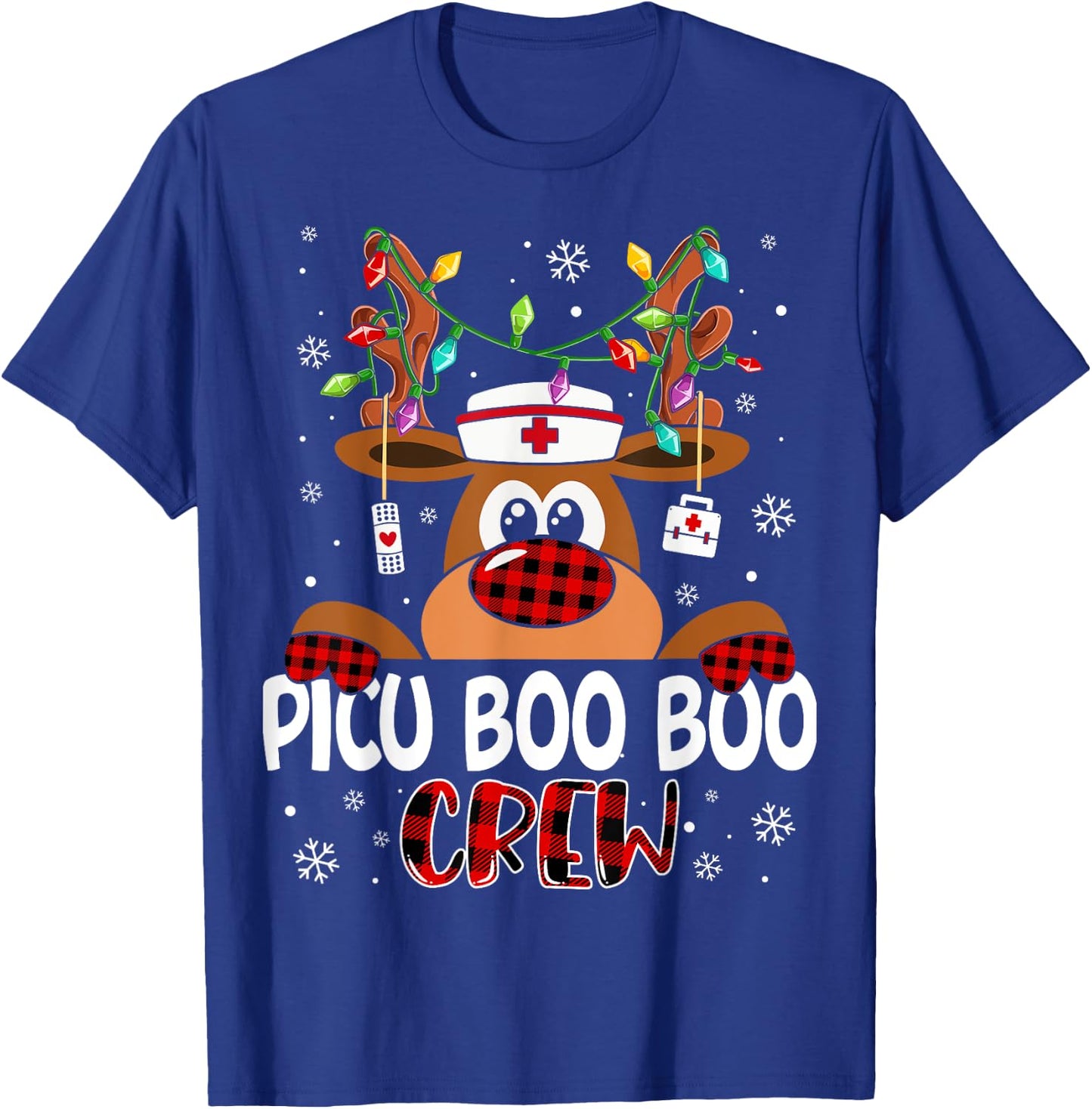 Reindeer PICU Nurse Boo Crew Christmas Buffalo Plaid Nurse T-Shirt - T-Shirt | Royal