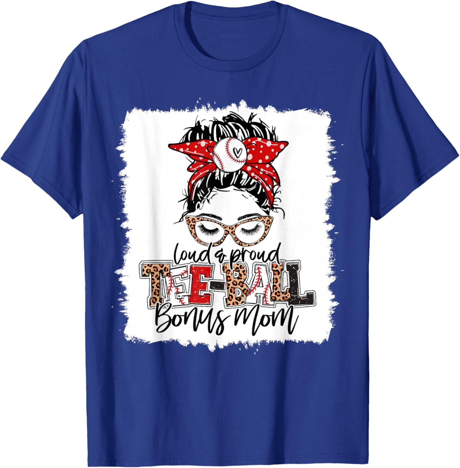 T-Ball Bonus Mom Ball Leopard Print Squad Messy Bun Hair T-Shirt - T-Shirt | Royal