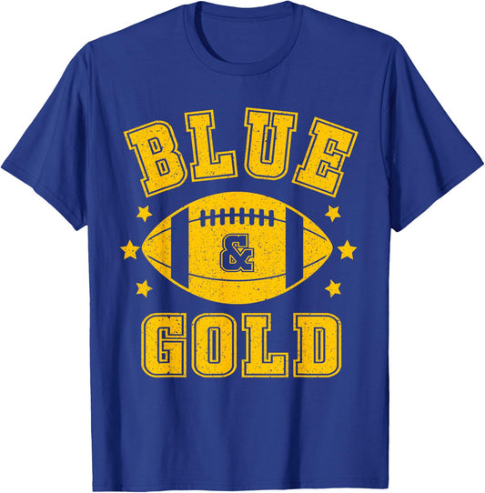 On Gameday Football We Wear Blue And Gold School Spirit T-Shirt - T-Shirt | Royal