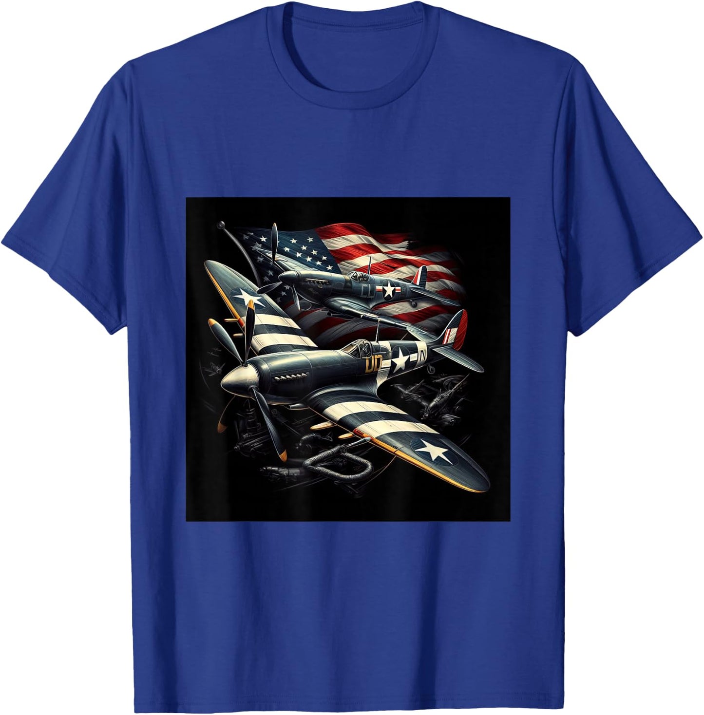 Spitfire F4U Corsair WW2 Airplanes US Flag T-Shirt - T-Shirt | Royal