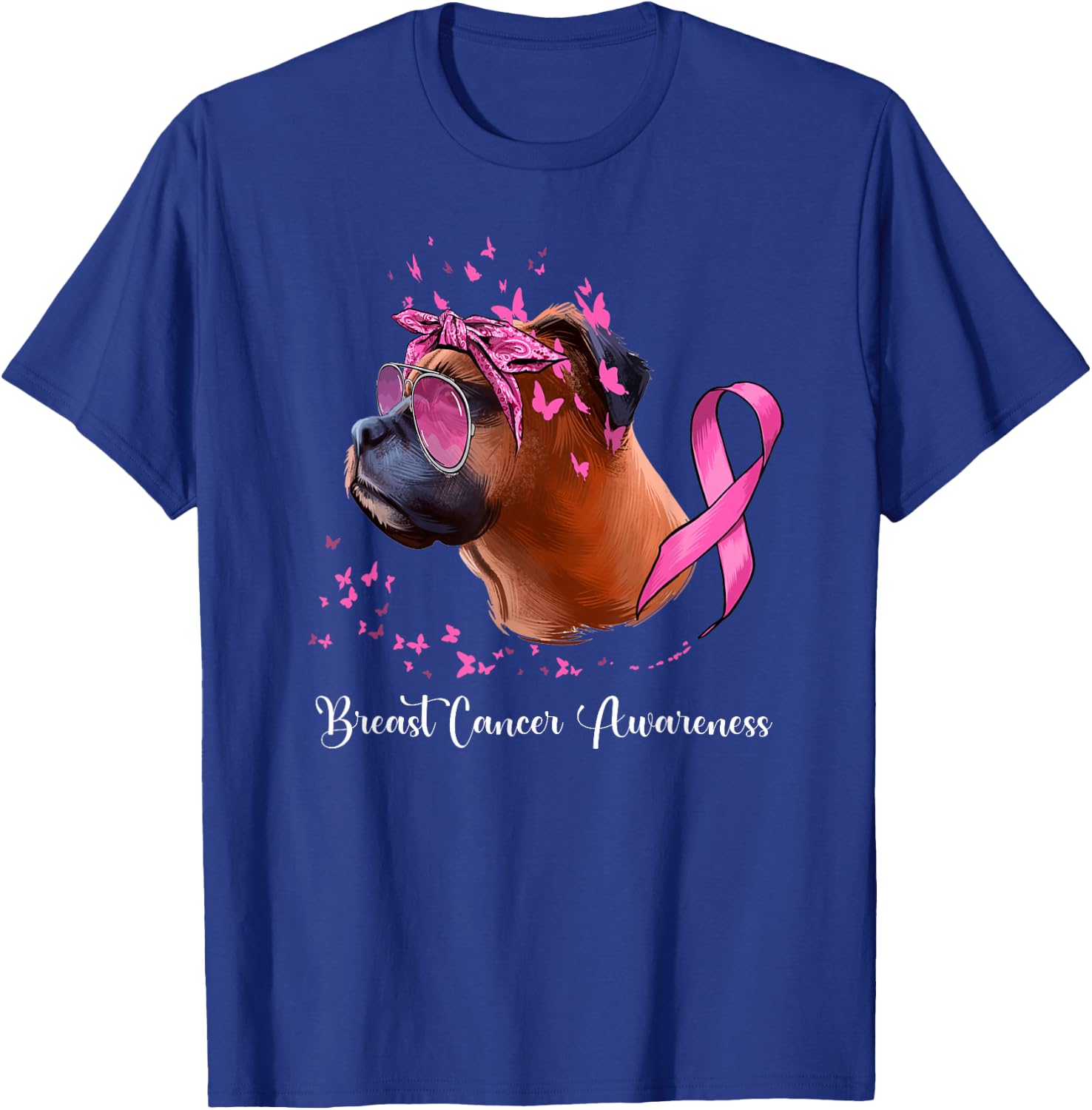 Boxer Dog Lover Pink Ribbon Breast Cancer Awareness T-Shirt - T-Shirt | Royal