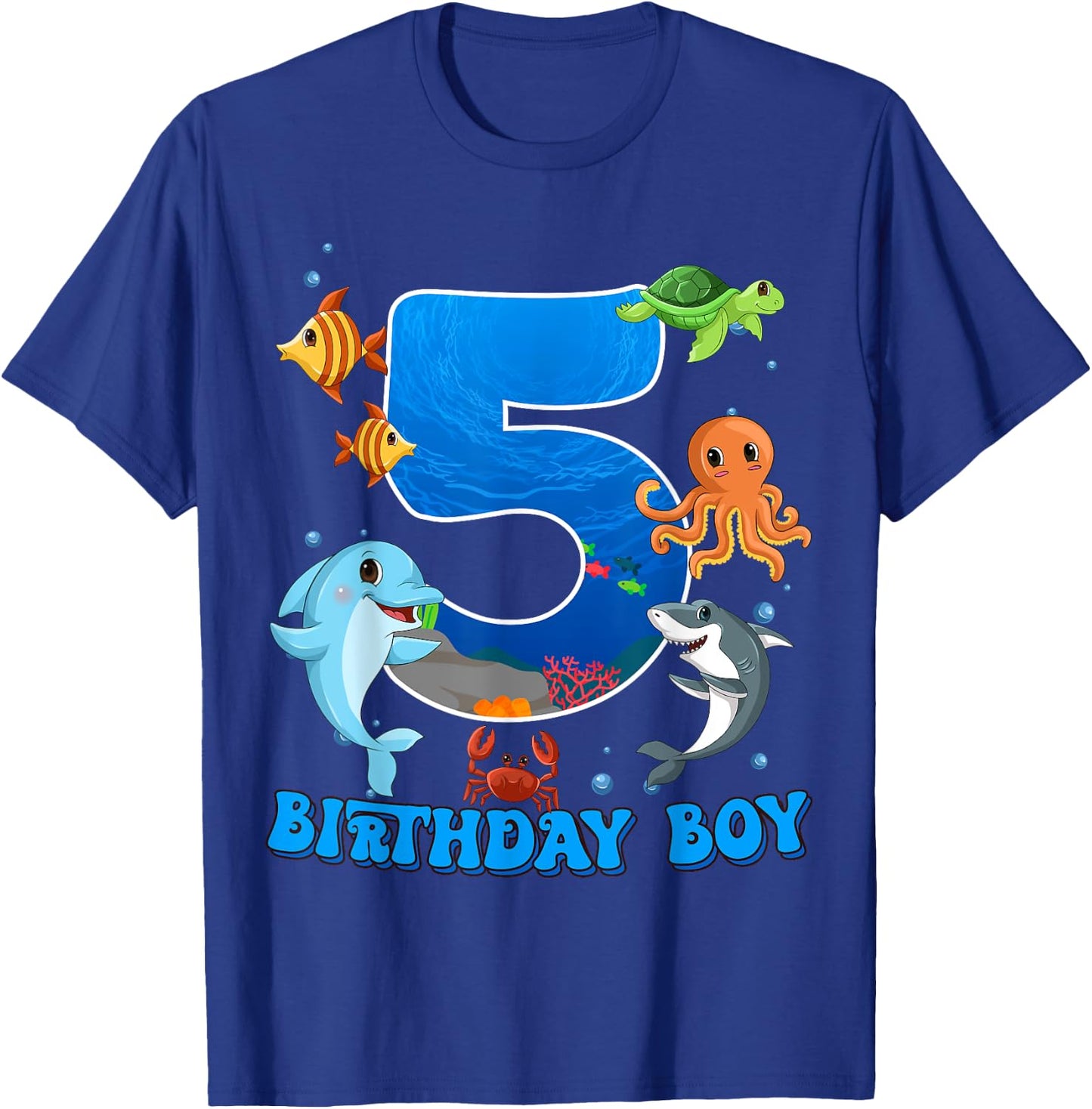 5th Birthday Party Ocean 5 Year Old Sea Fish Birthday Boy T-Shirt - T-Shirt | Royal