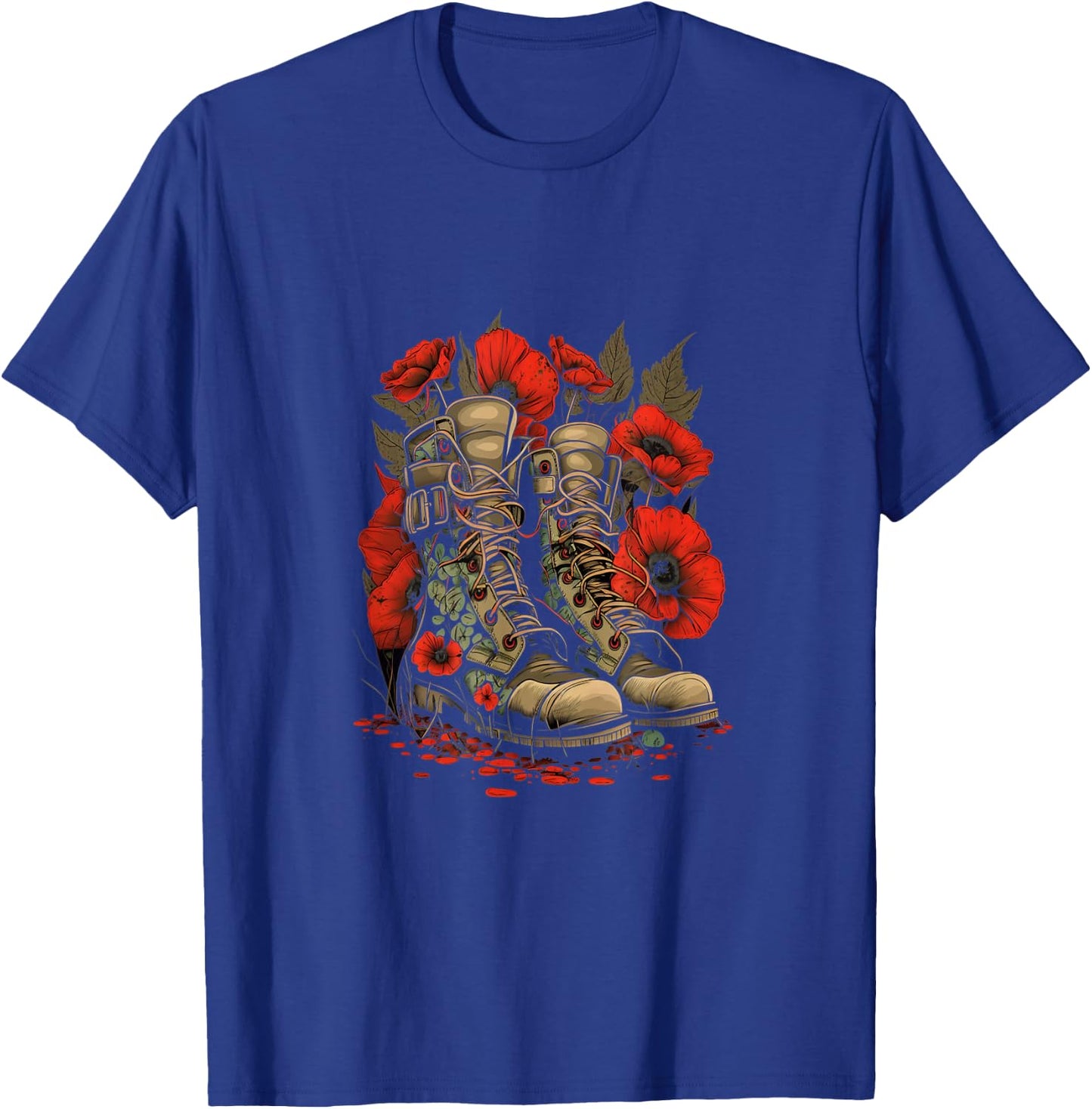 Memorial Day Red Poppy Flower Military Boots 4th of July Women Men T-Shirt - T-Shirt | Royal