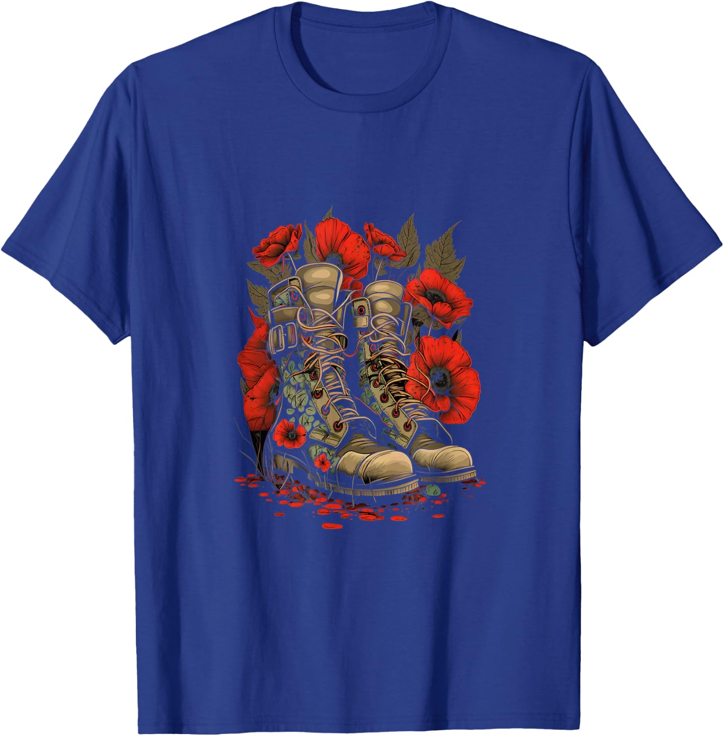 Memorial Day Red Poppy Flower Military Boots 4th of July Women Men T-Shirt - T-Shirt | Royal