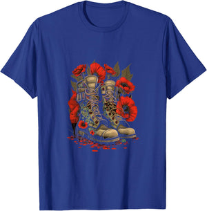 Memorial Day Red Poppy Flower Military Boots 4th of July Women Men T-Shirt - T-Shirt | Royal