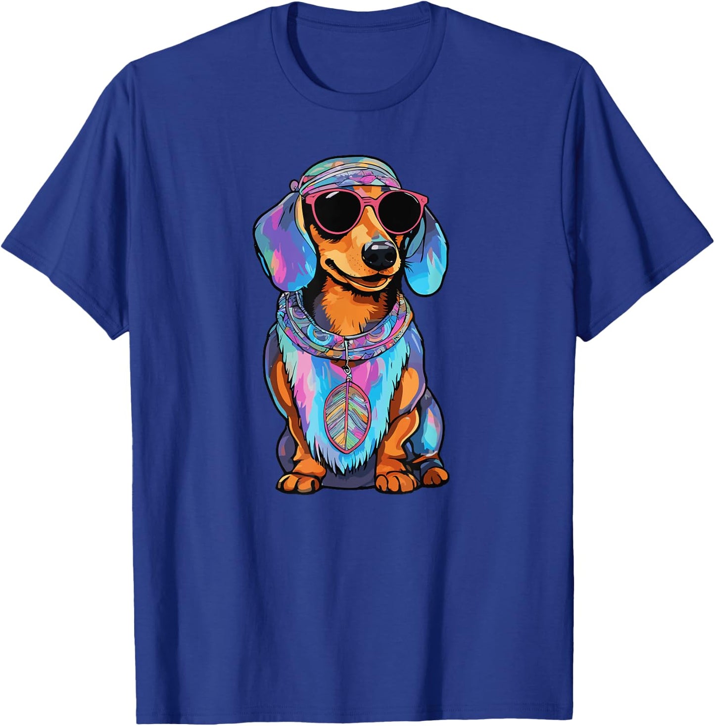 Colorful Tie Dye Hippie Dachshund Dog Wearing Sunglasses Men Women Girls Kids T-Shirt - T-Shirt | Royal