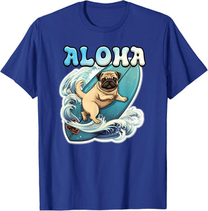 Pug Surfing - Aloha - Surf Board & Wave T-Shirt - T-Shirt | Royal