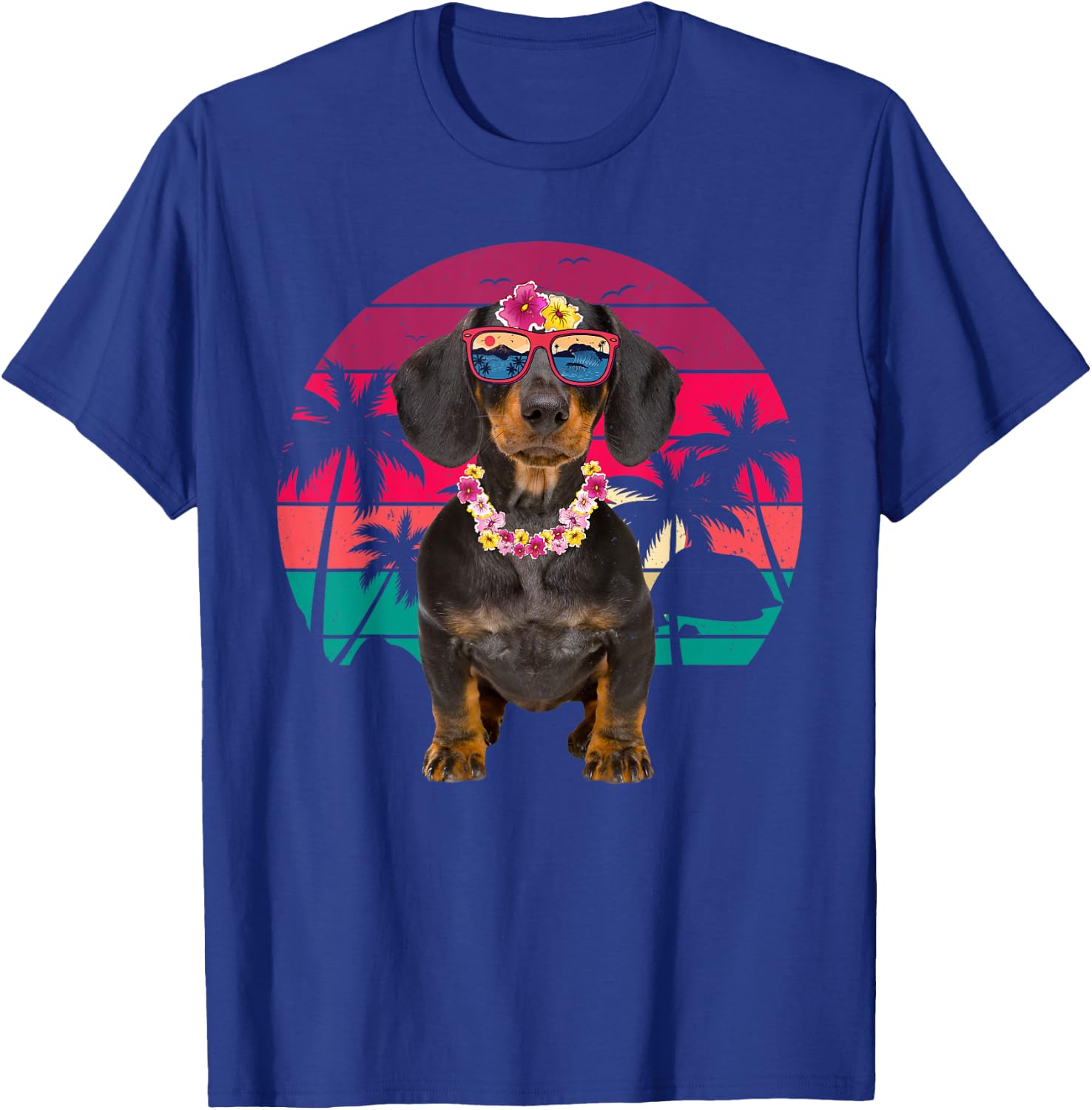 Retro Hawaiian Dachshund Dog Tropical Floral Summer Vibes T-Shirt - T-Shirt | Royal