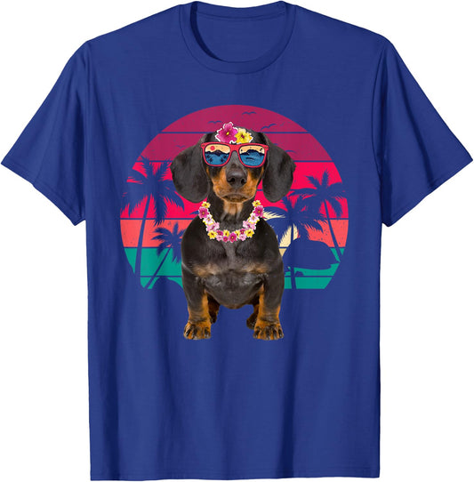 Retro Hawaiian Dachshund Dog Tropical Floral Summer Vibes T-Shirt - T-Shirt | Royal