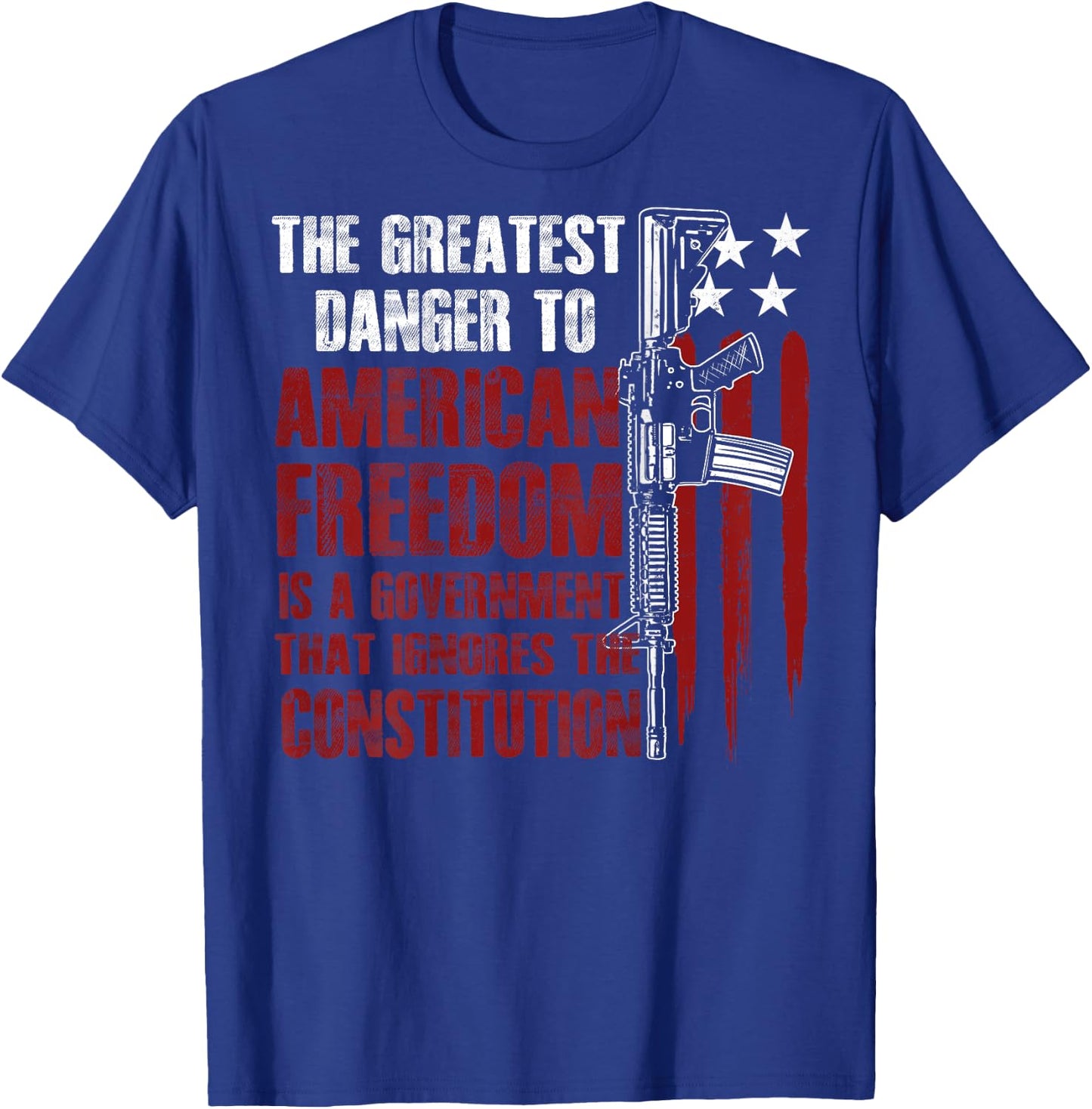 Gun USA Flag American Freedom Funny Government (on Back) T-Shirt - T-Shirt | Royal
