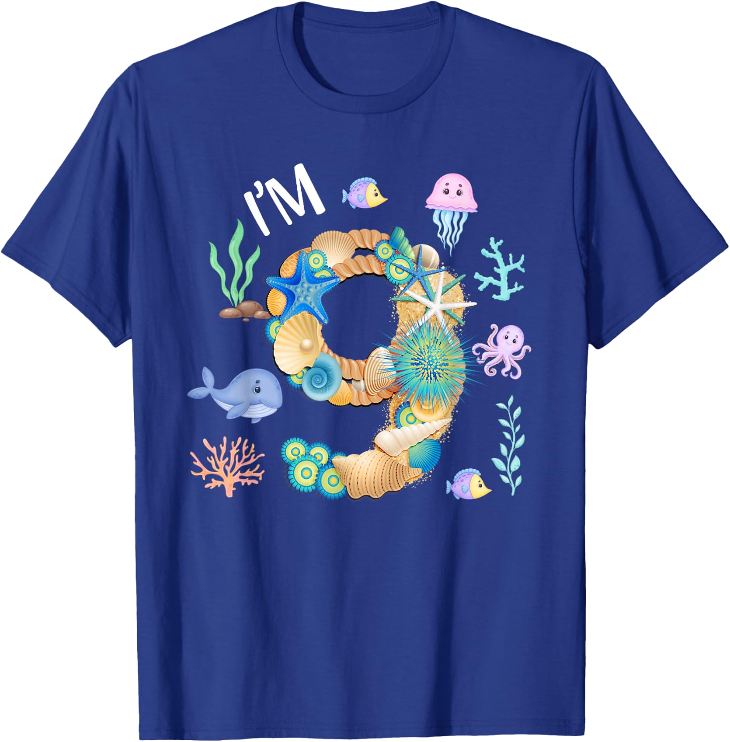 Under The Sea 9th Birthday Boy Whale Fish 9 Year Old Bday T-Shirt - T-Shirt | Royal