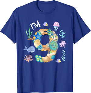 Under The Sea 9th Birthday Boy Whale Fish 9 Year Old Bday T-Shirt - T-Shirt | Royal