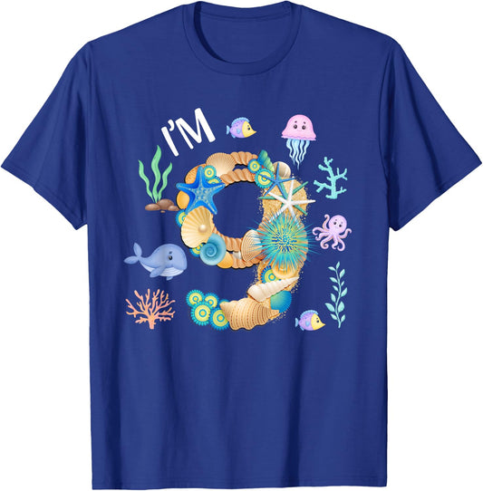 Under The Sea 9th Birthday Boy Whale Fish 9 Year Old Bday T-Shirt - T-Shirt | Royal