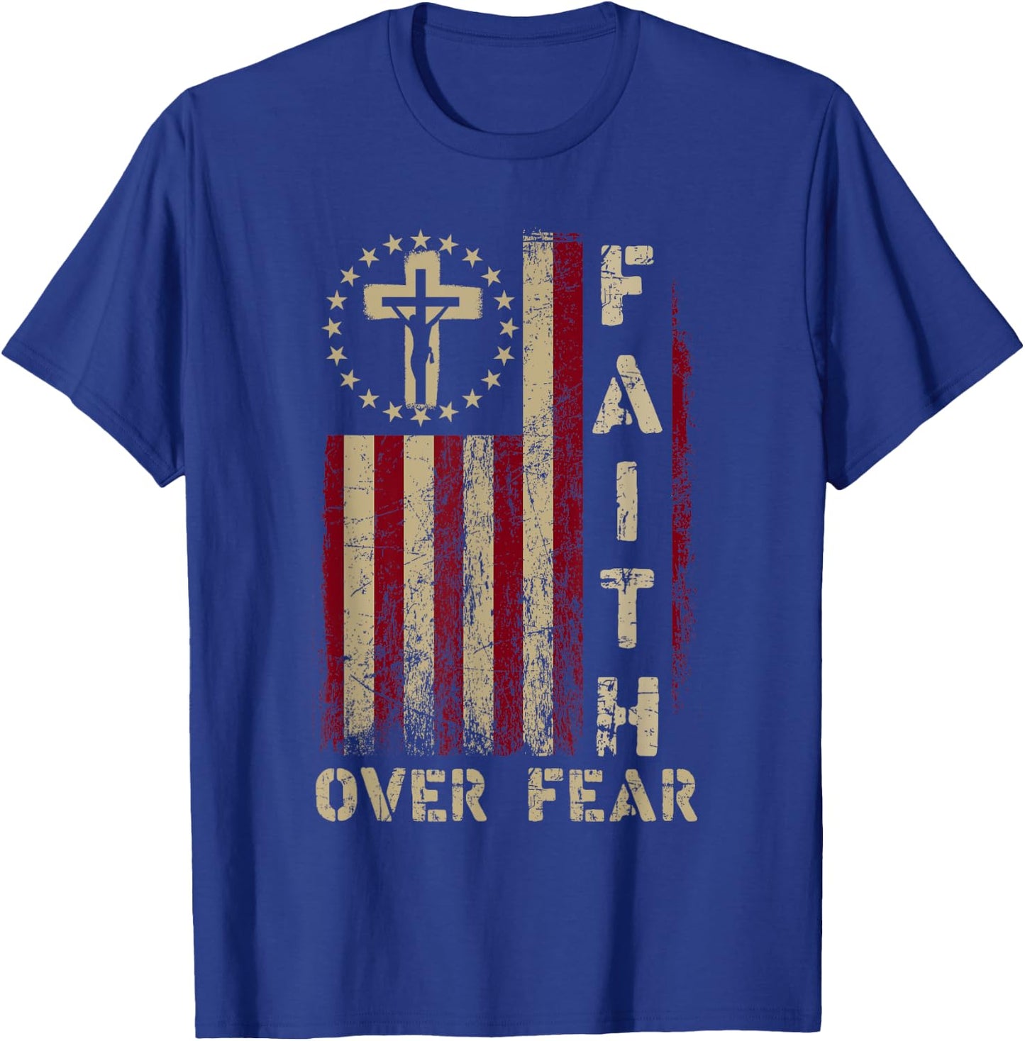 Faith Over Fears Cool Christian Cross USA Flag Women T-Shirt - T-Shirt | Royal