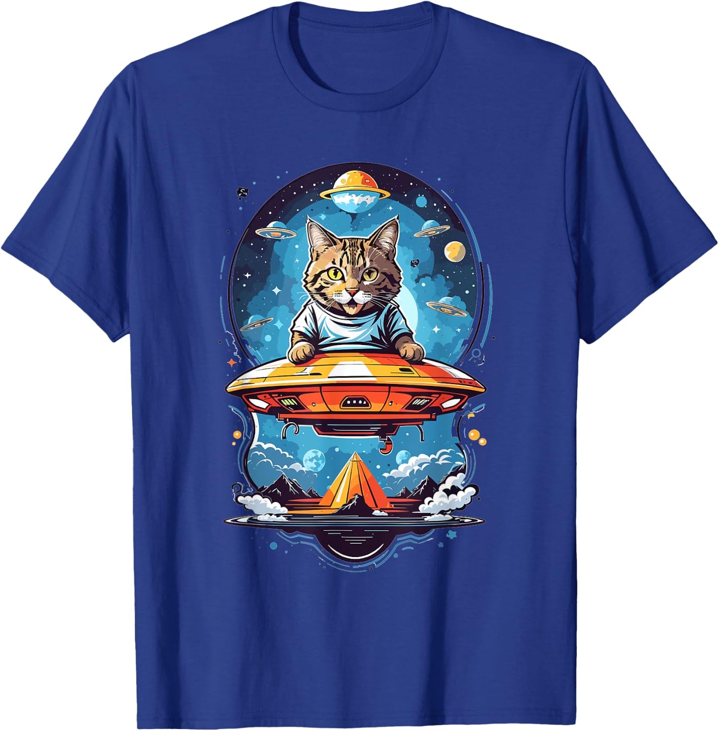 Aliens and UFO Cats Cute Cat Abducted By UFO Graphic - Black - -Adults/Kids - Short Sleeve - Small - Classic Fit - Cotton 50% Polyester 50% T-Shirt - T-Shirt | Royal