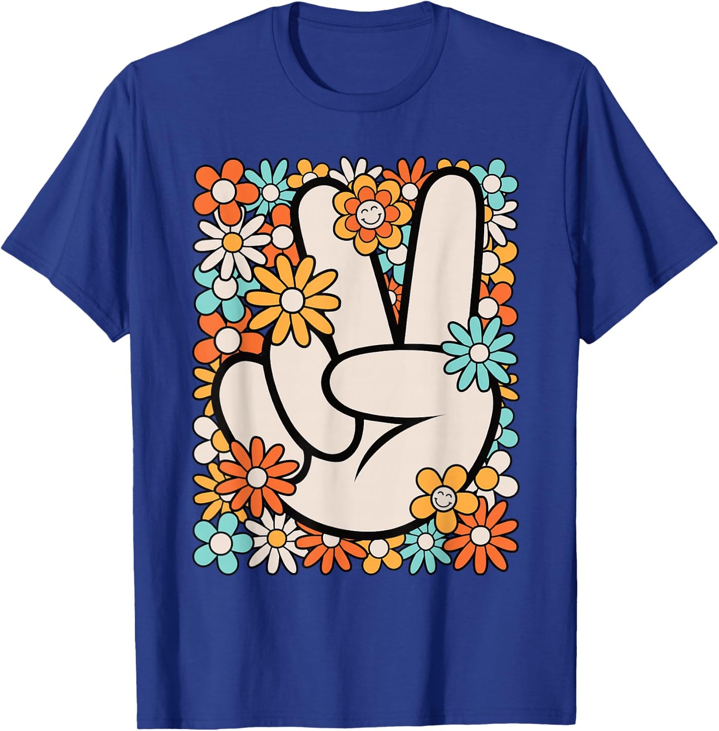 Hippie Peace Hand Sign Groovy Flower 60s 70s Men Women Kids T-Shirt - T-Shirt | Royal