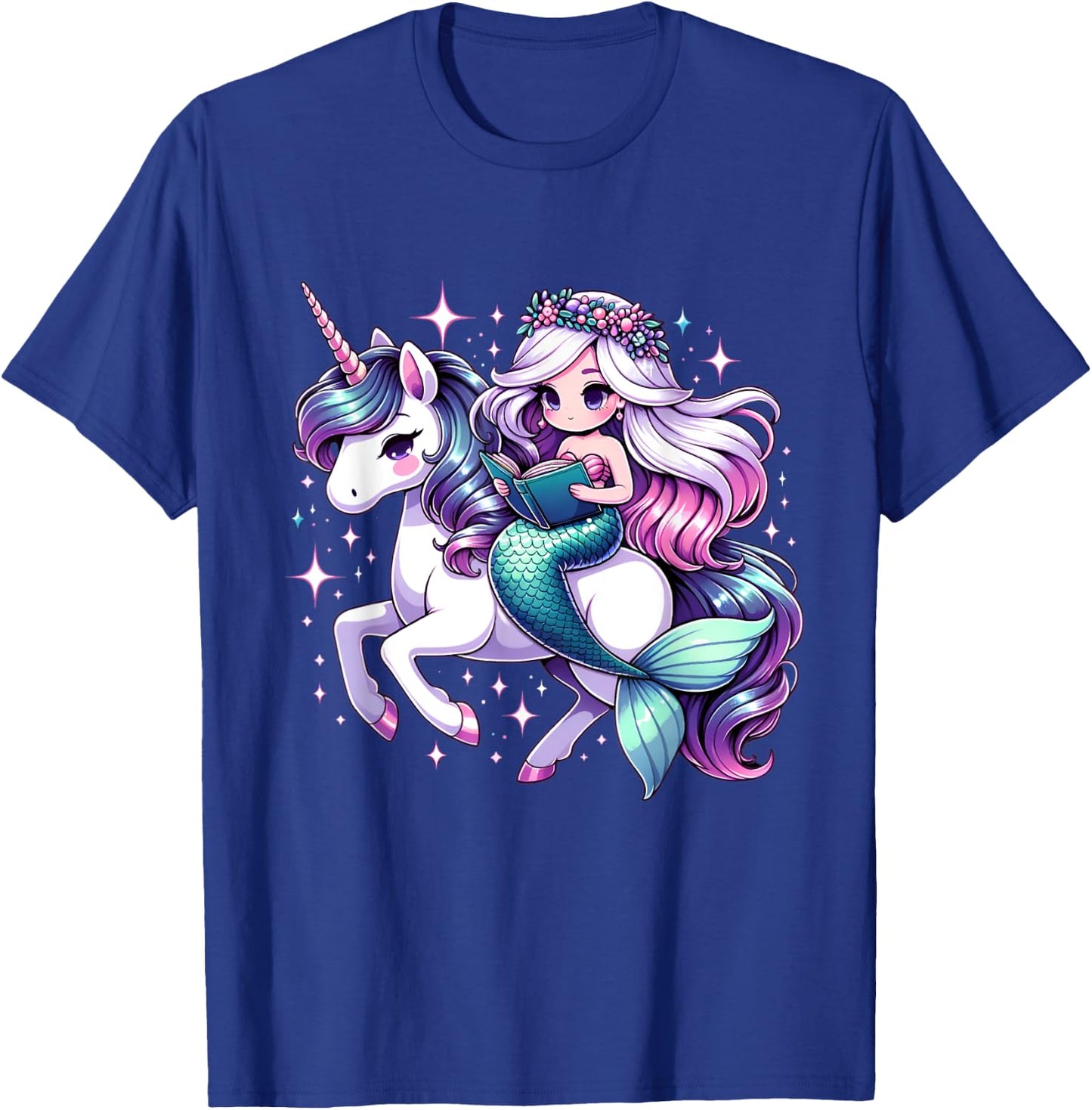 Unicorn kisses Mermaid wishes | reading books Birthday Girl T-Shirt - T-Shirt | Royal