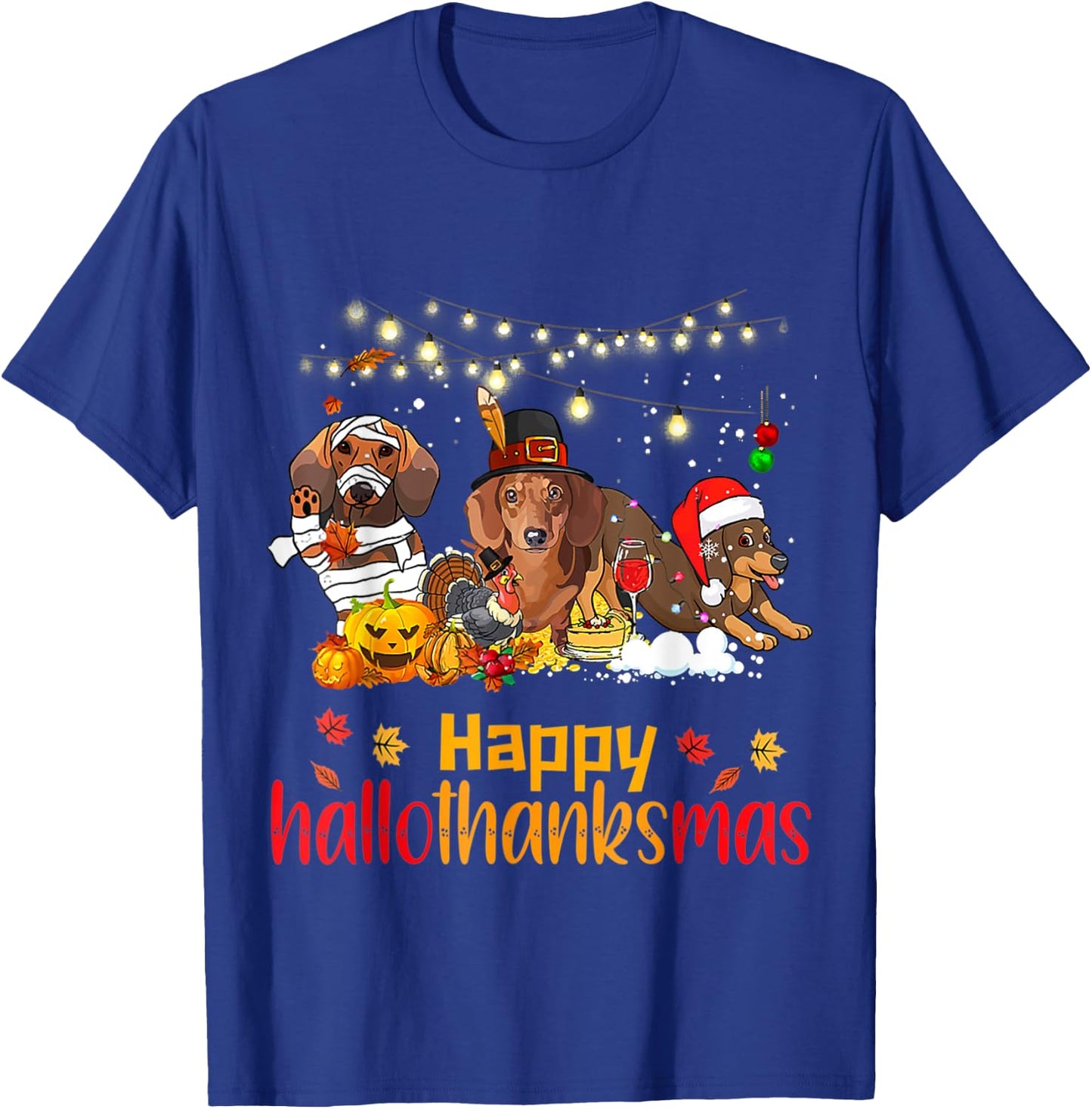 Halloween Christmas Happy Hallothanksmas Dachshund Dog Lover T-Shirt - T-Shirt | Royal