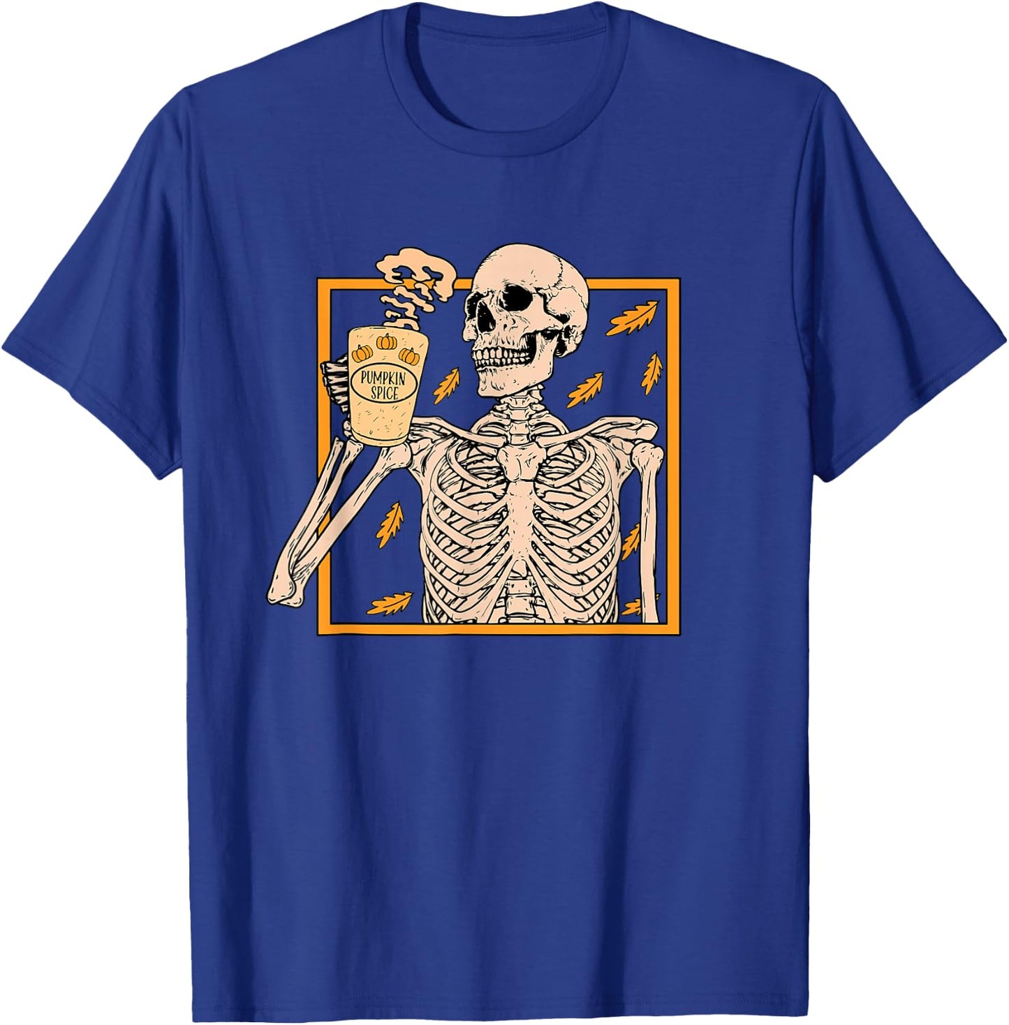 Skeleton Drinking Coffee Pumpkin Spice Latte Autumn Coffee T-Shirt - T-Shirt | Royal