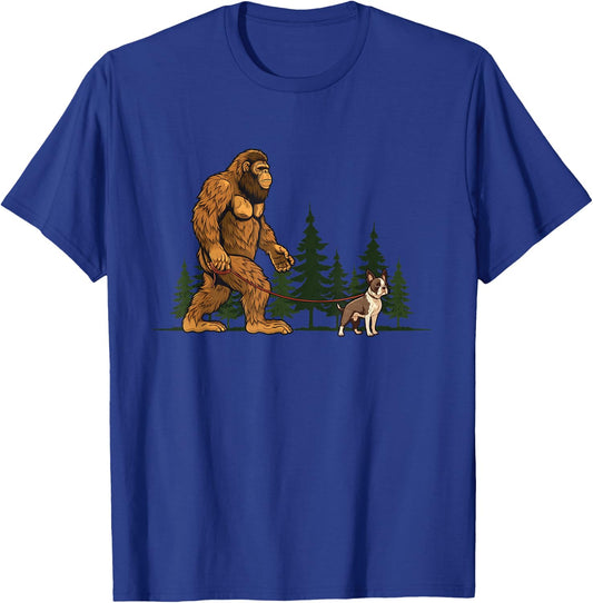 Funny Boston Terrier Bigfoot Dog Walking Dog Mom Dad Kids T-Shirt - T-Shirt | Royal