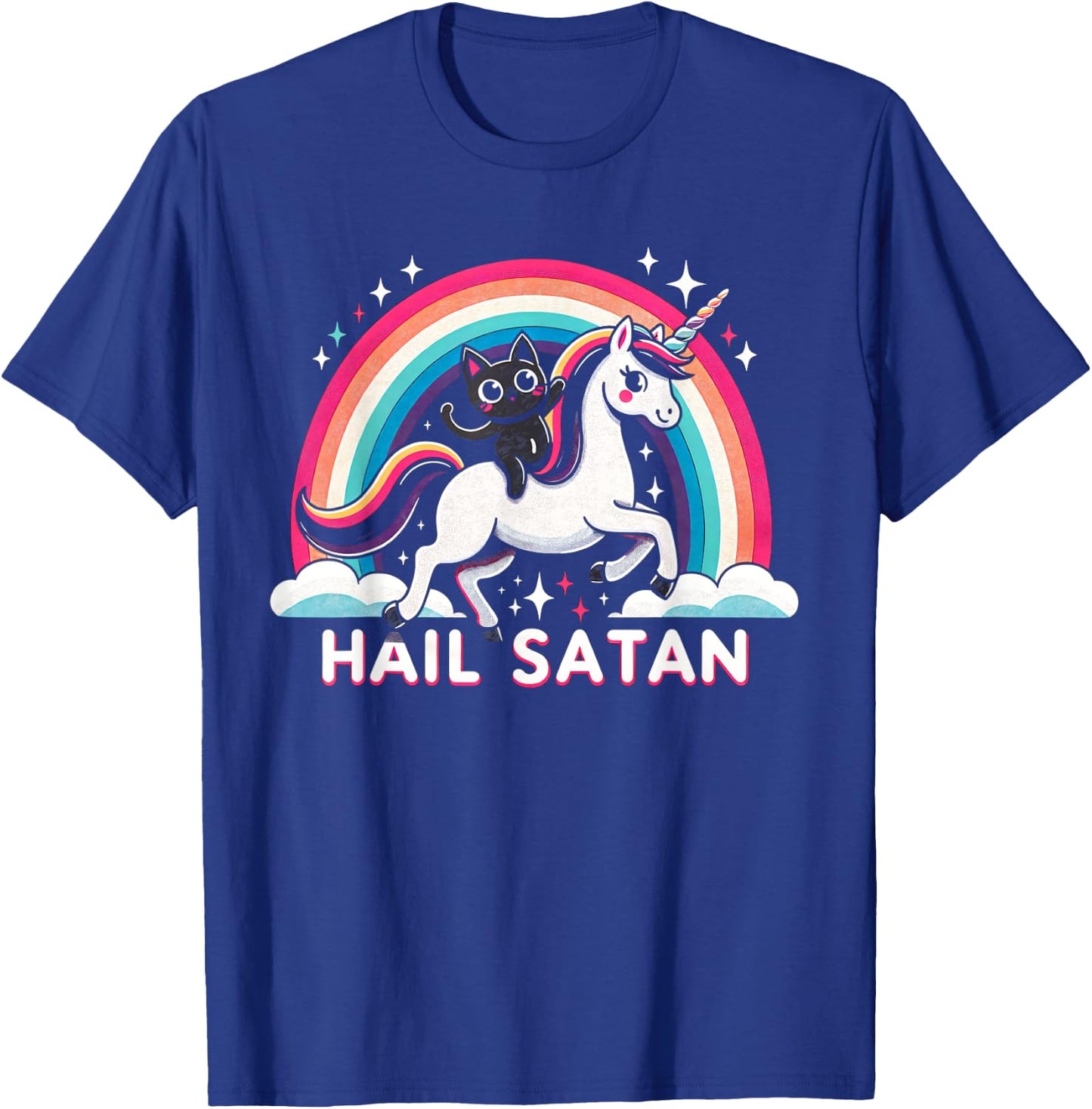 Cute Satanic Cat Riding A Unicorn Over A Rainbow Hail Satan Men Women Kids T-Shirt - T-Shirt | Royal