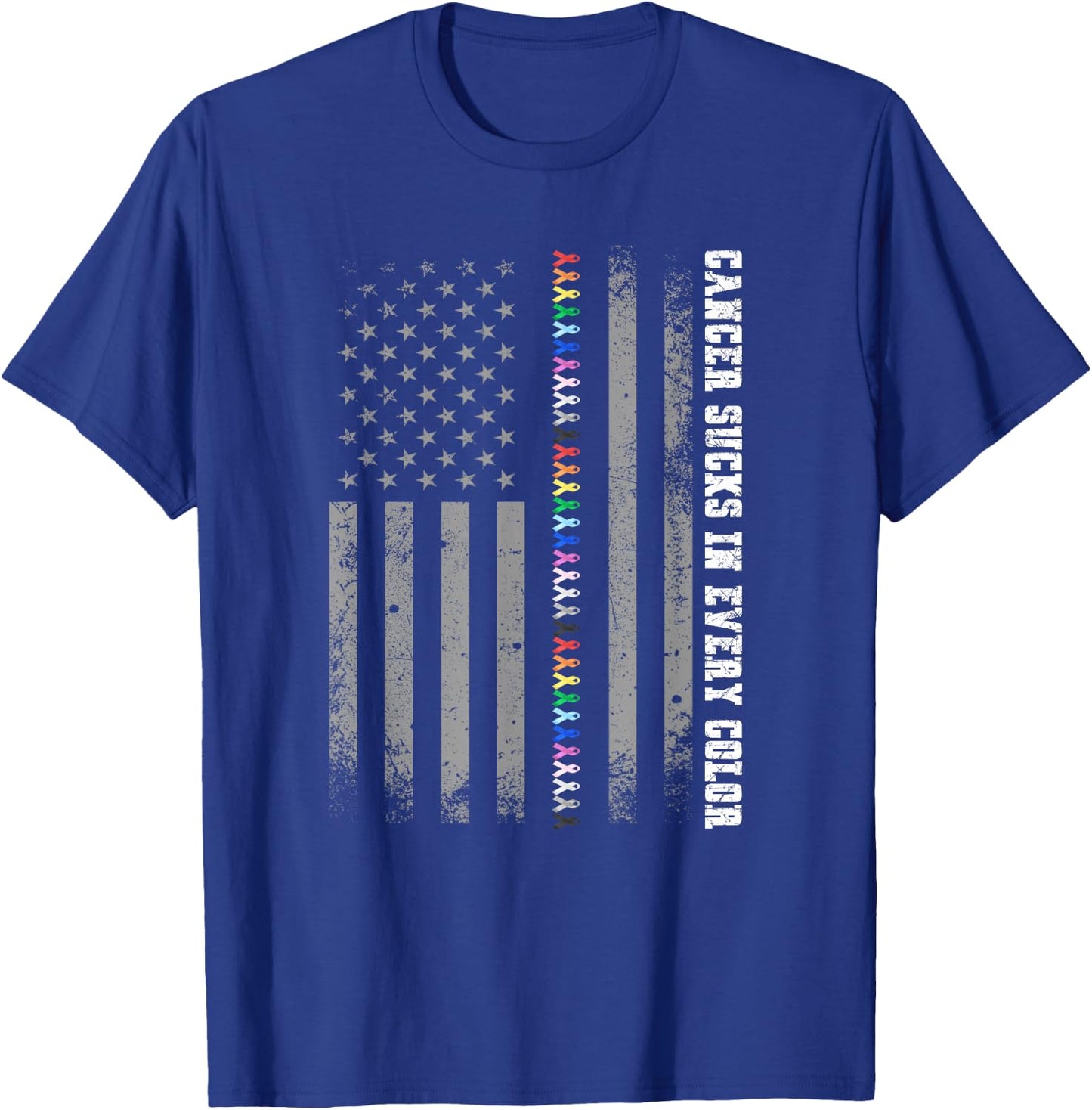 Cancer Sucks In Every Color Fighter American Flag Ribbons T-Shirt - T-Shirt | Royal