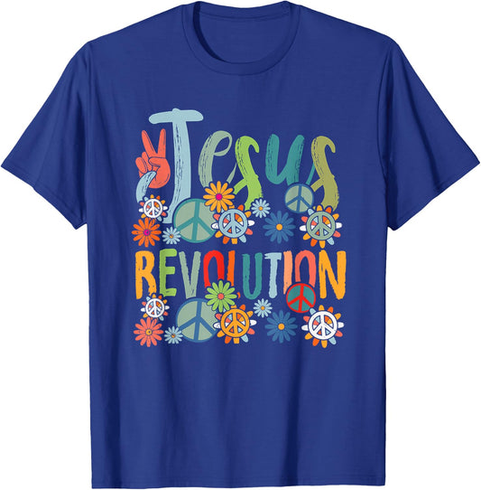 Jesus Revolution Faith Retro Groovy Flower Peace Sign T-Shirt - T-Shirt | Royal