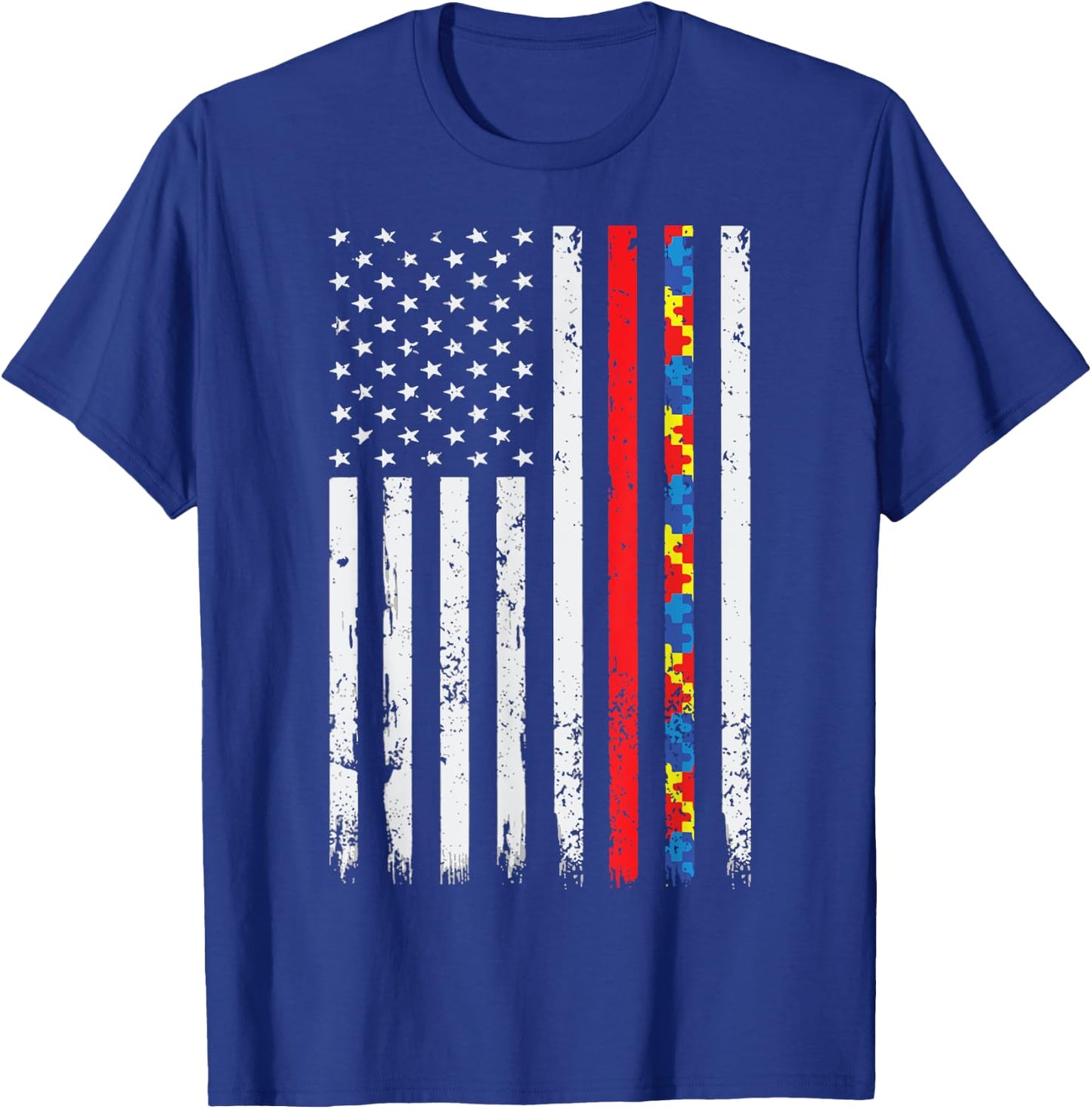 Thin Red Line Firefighter Support Autism 4th July Flag Shirt T-Shirt - T-Shirt | Royal