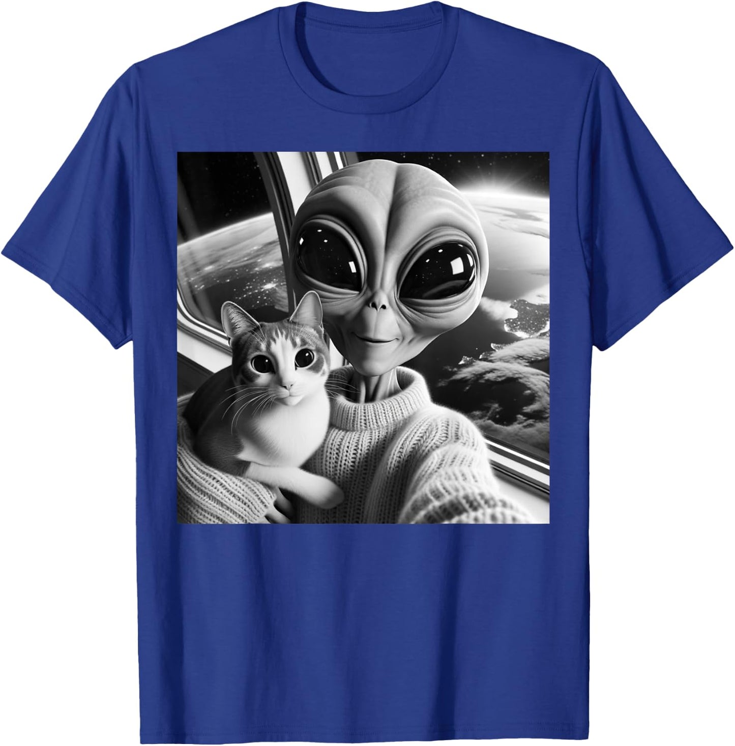 Cute Alien Cat Selfie Funny UFO Earth Photo Women Girls Kids T-Shirt - T-Shirt | Royal
