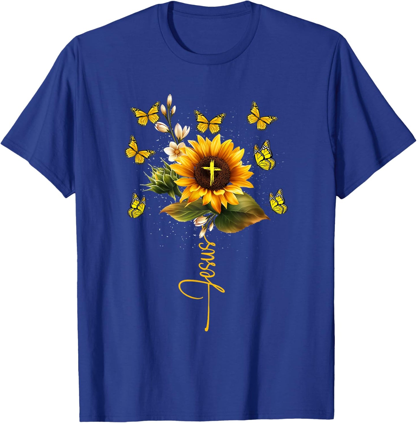 Sunflower Jesus Cross Butterflies Art Religious Christian T-Shirt - T-Shirt | Royal