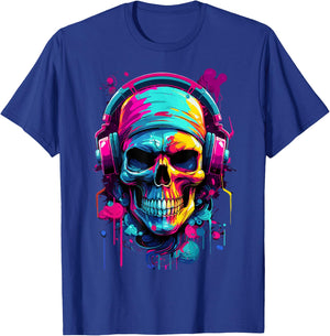 Colorful Skull With Headphones - Music Themed Horror T-Shirt - T-Shirt | Royal