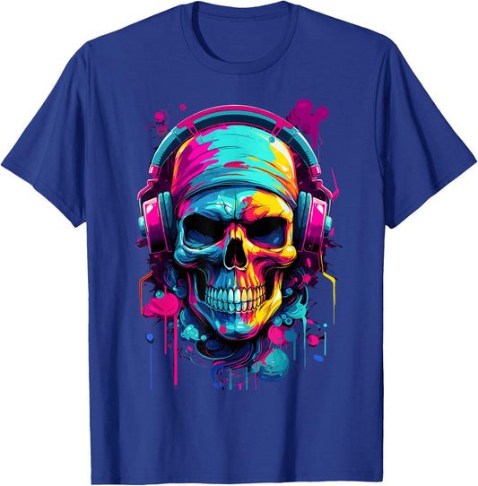 Colorful Skull With Headphones - Music Themed Horror T-Shirt - T-Shirt | Royal