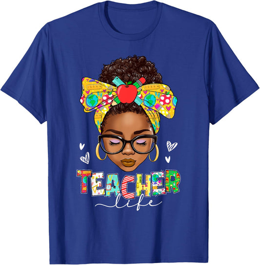 Teacher Life Messy Bun Afro African American Back To School T-Shirt - T-Shirt | Royal