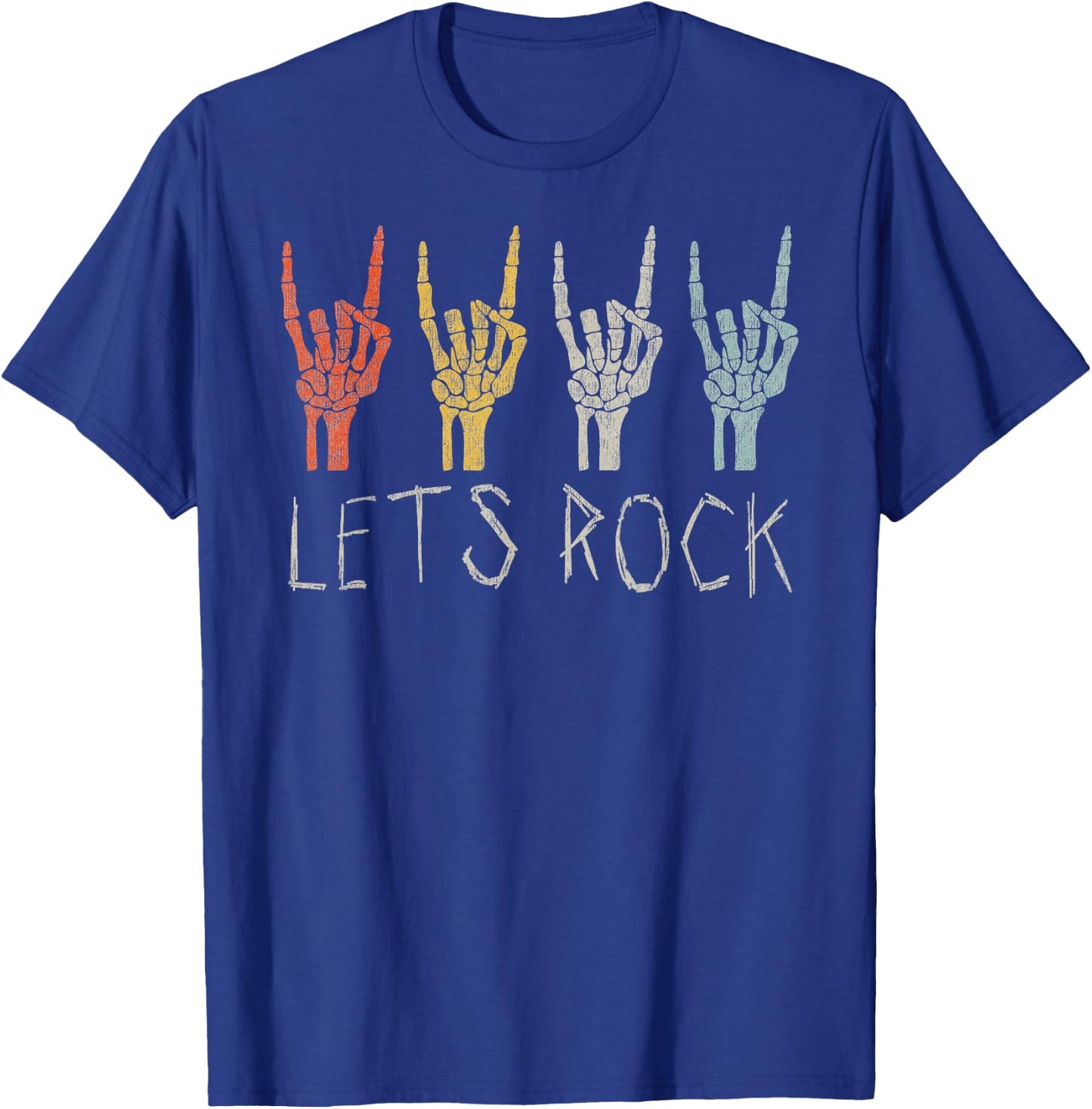 Rock and Roll Skeleton Let's Rock Hand Vintage T-Shirt - T-Shirt | Royal