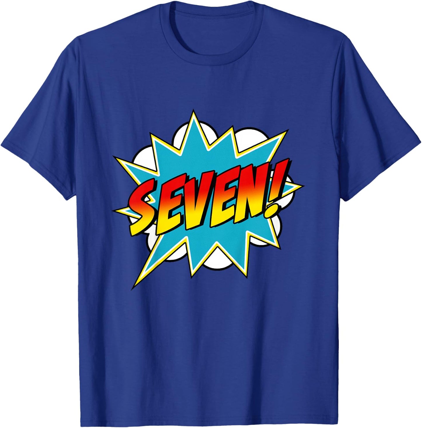 Seven! 7th Birthday Superhero Boys 7 Years Old Comic Book T-Shirt - T-Shirt | Royal
