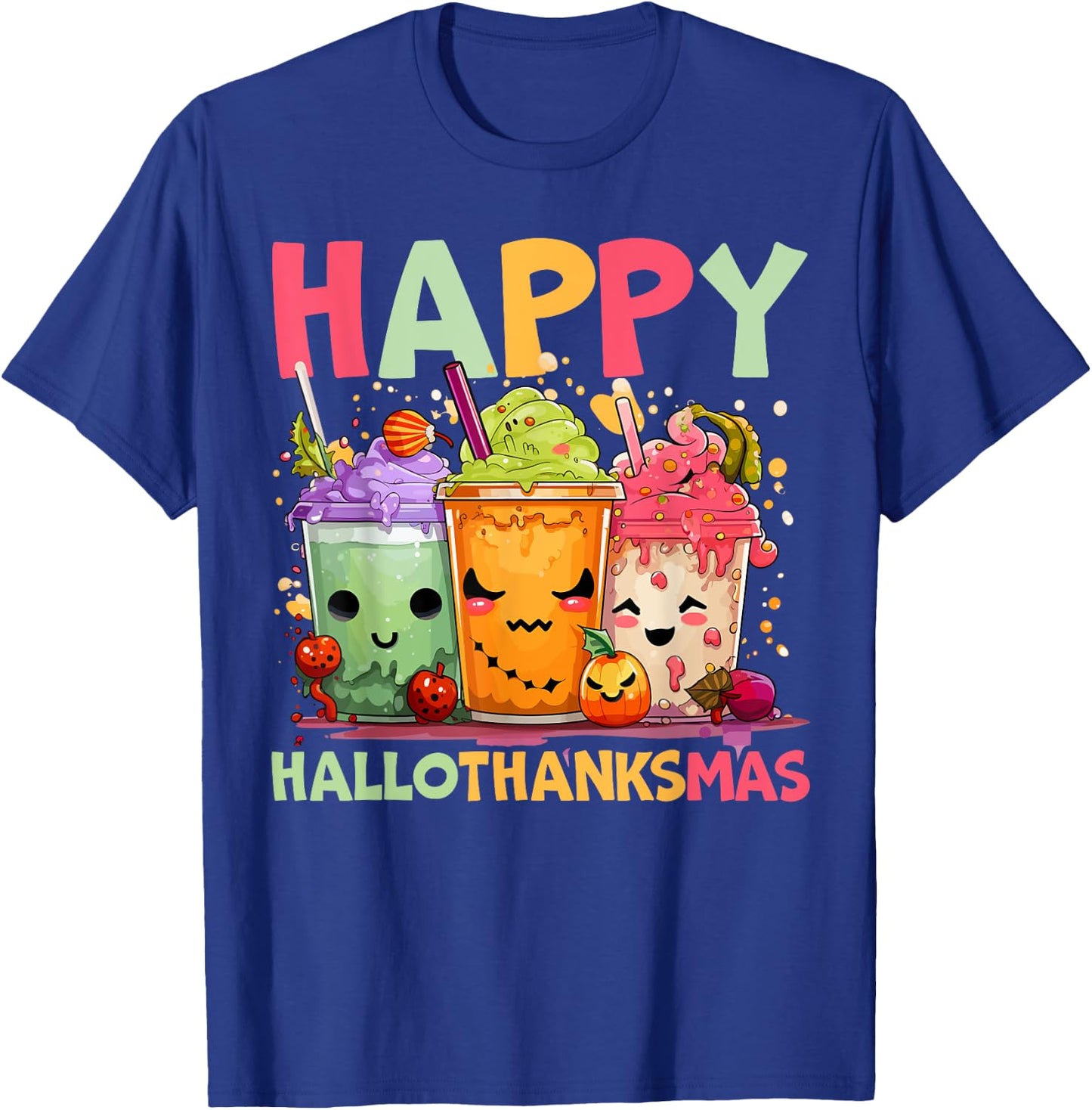 Happy Hallothanksmas Halloween Thanksgiving Christmas T-Shirt - T-Shirt | Royal