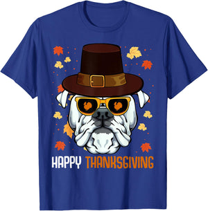 English Bulldog On Sunglasses Thanksgiving Day Dog Turkey T-Shirt - T-Shirt | Royal