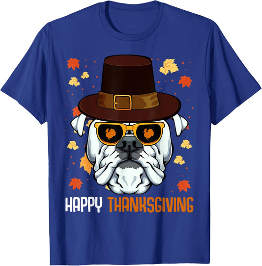 English Bulldog On Sunglasses Thanksgiving Day Dog Turkey T-Shirt - T-Shirt | Royal