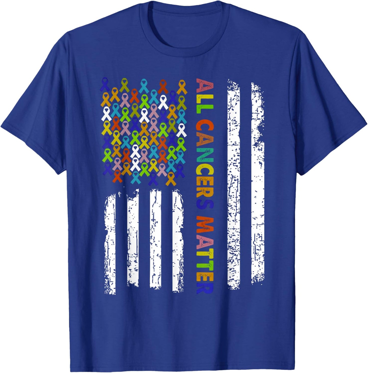 All Cancers Matter Cancer Awareness Ribbon USA Flag T-Shirt - T-Shirt | Royal