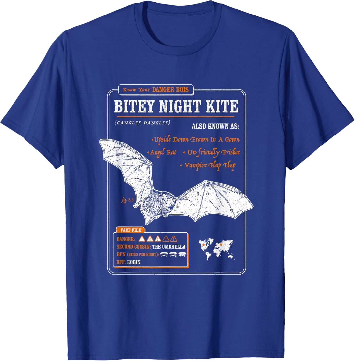 Funny Bat Fact File - Bitey Night Kite T-Shirt - T-Shirt | Royal