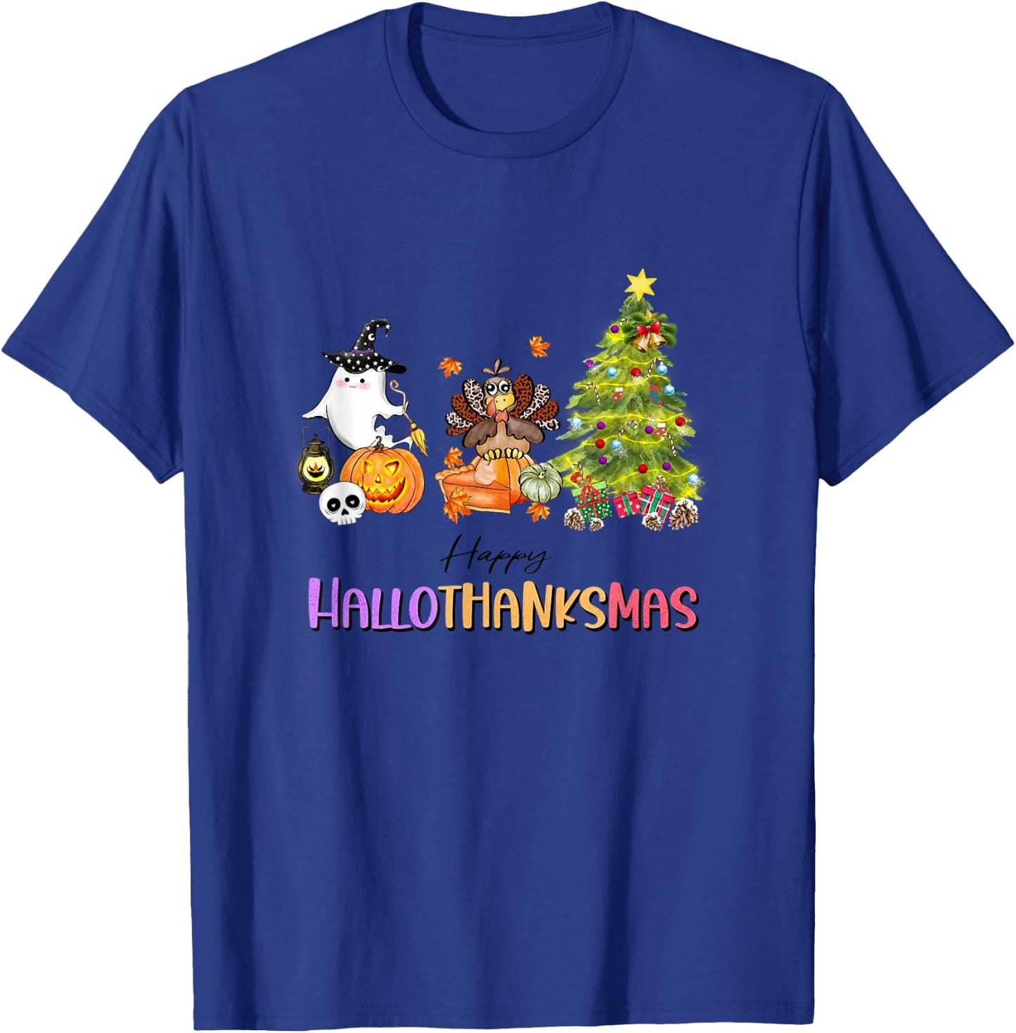 Happy Hallothanksmas Ghost Turkey Christmas Tree T-Shirt - T-Shirt | Royal