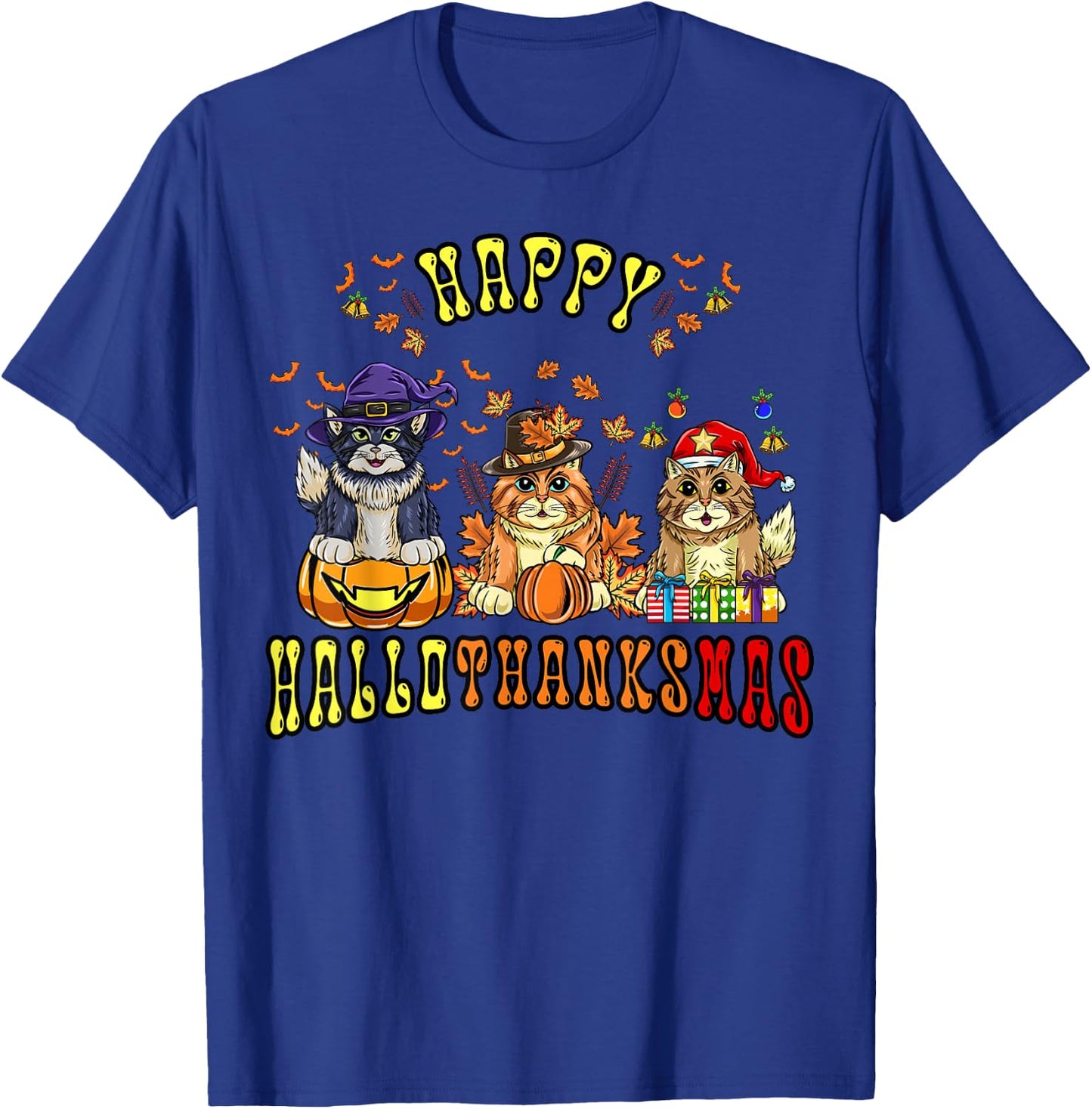 Happy Hallothanksmas Cats Halloween Thanksgiving Christmas T-Shirt - T-Shirt | Royal