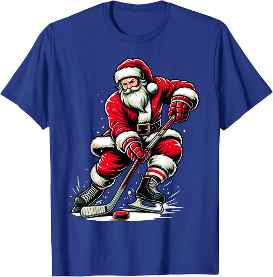 Christmas Sports Santa Plays Ice Hockey, Xmas Women Men Kids T-Shirt - T-Shirt | Royal