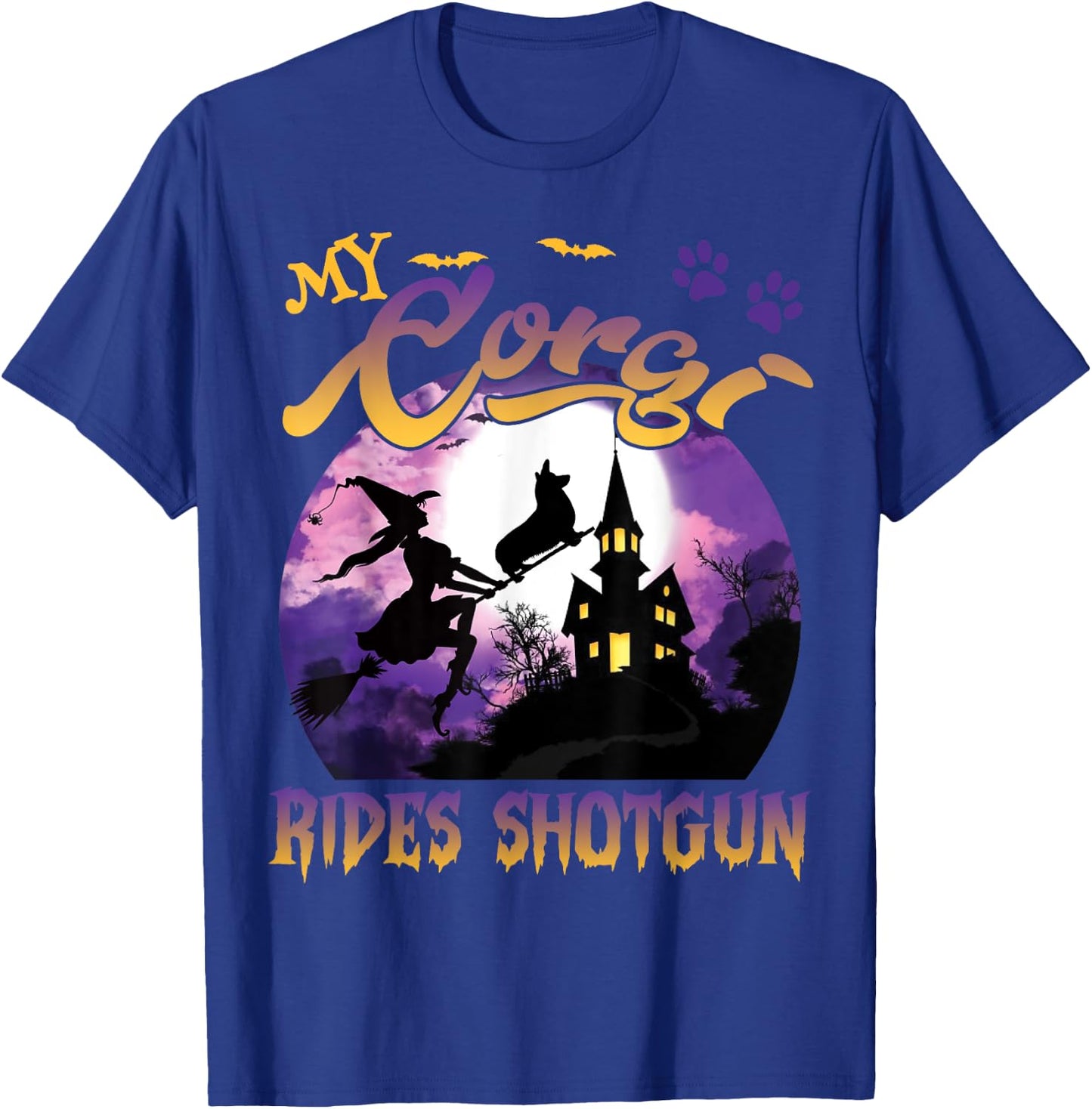 My Corgi Rides Shotgun Cool Halloween Protector Witch Dog Men Women Kids T-Shirt - T-Shirt | Royal