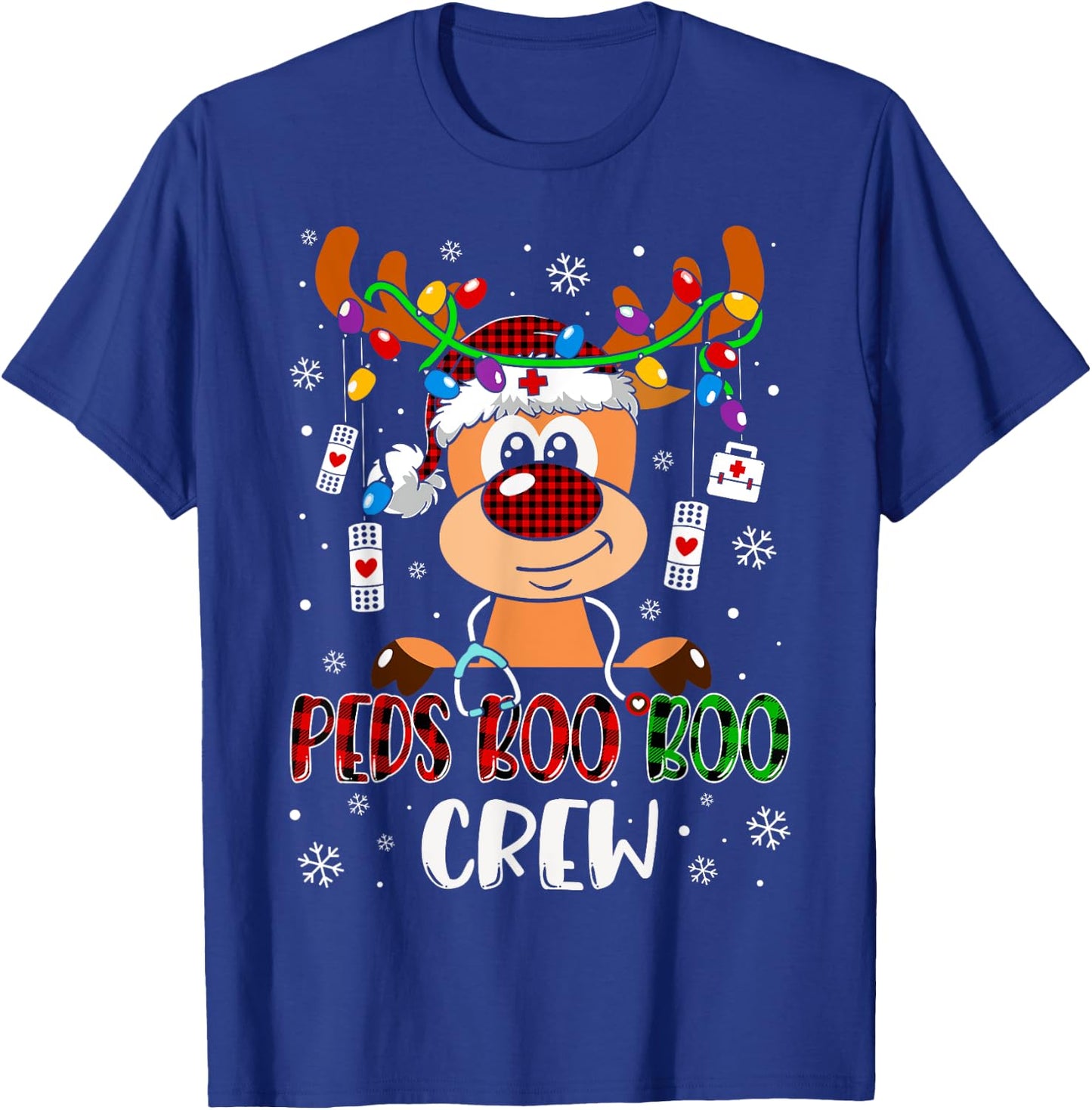 Peds Nurse Boo Crew Reindeer Nurse Buffalo Plaid Christmas T-Shirt - T-Shirt | Royal