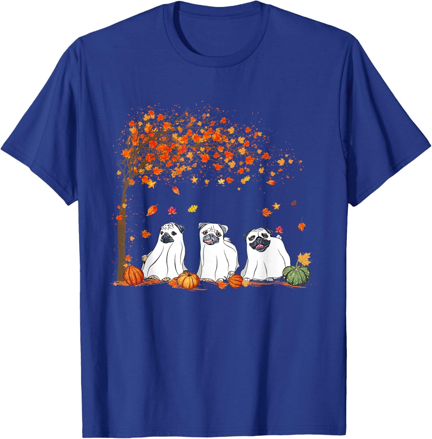Pug Ghost Cute Under Fall Tree Halloween Autumn Dog Lovers Men Women T-Shirt - T-Shirt | Royal