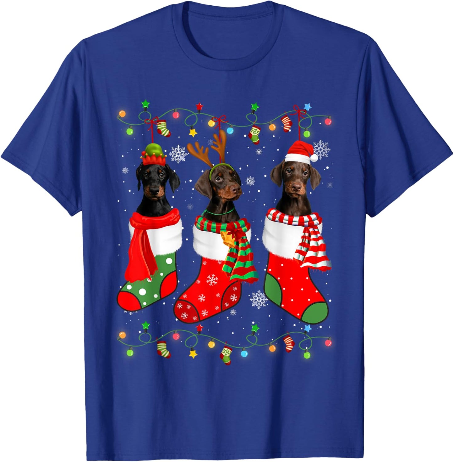 Doberman Dog Christmas Socks Santa Hat Xmas Lights T-Shirt - T-Shirt | Royal