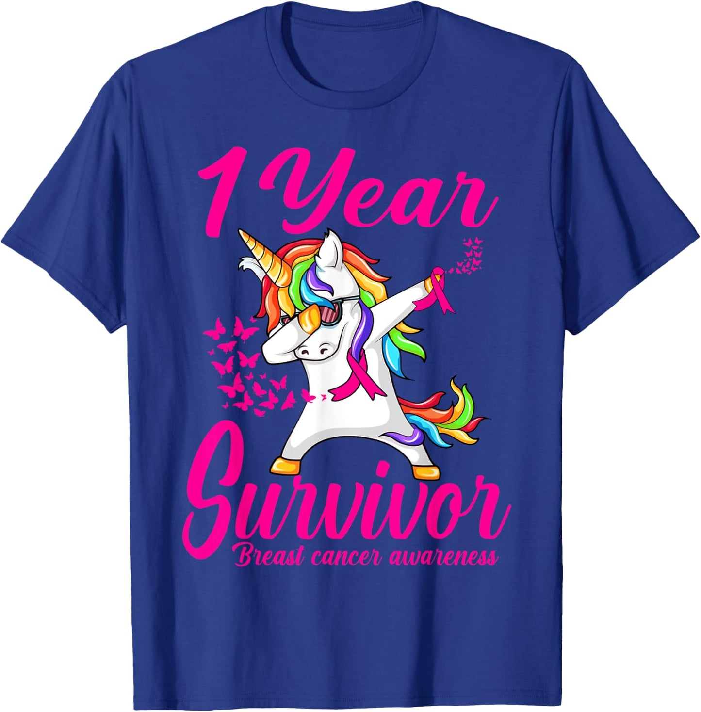 One 1 Years Survivor Breast Cancer Awareness Unicorn T-Shirt - T-Shirt | Royal