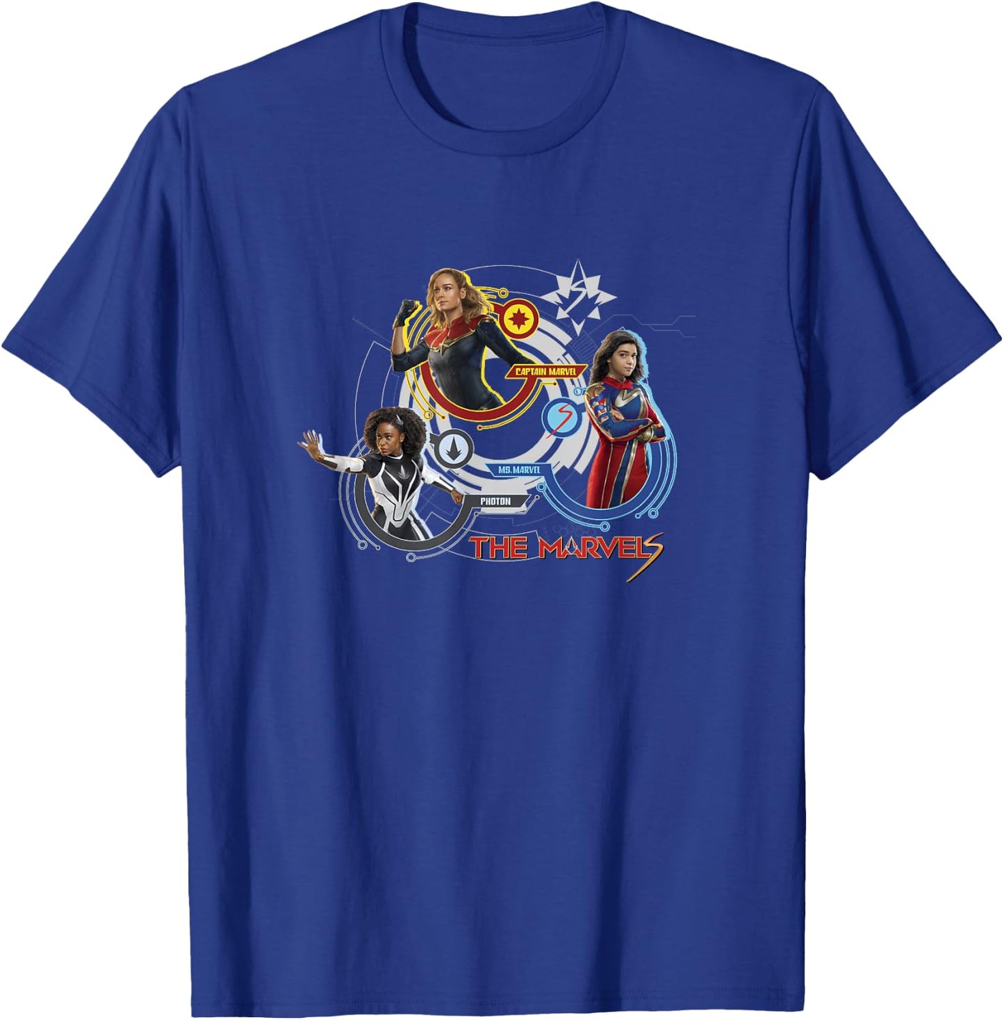 Marvel The Marvels Super Hero Tech Screen Group Badges T-Shirt - T-Shirt | Royal